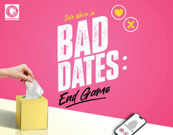 Poster for 'Bad Dates: End Game' on a pink gradient background; left shows a hand pulling tissues from a yellow tissue box, bottom-right a smartphone with a pink heart icon, and circular yellow icons nearby.
