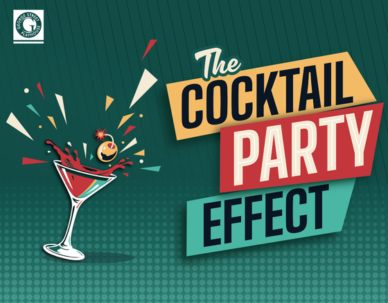 Promotional banner reading 'The Cocktail Party Effect' with a martini glass and colorful confetti bursts on a teal dotted background.